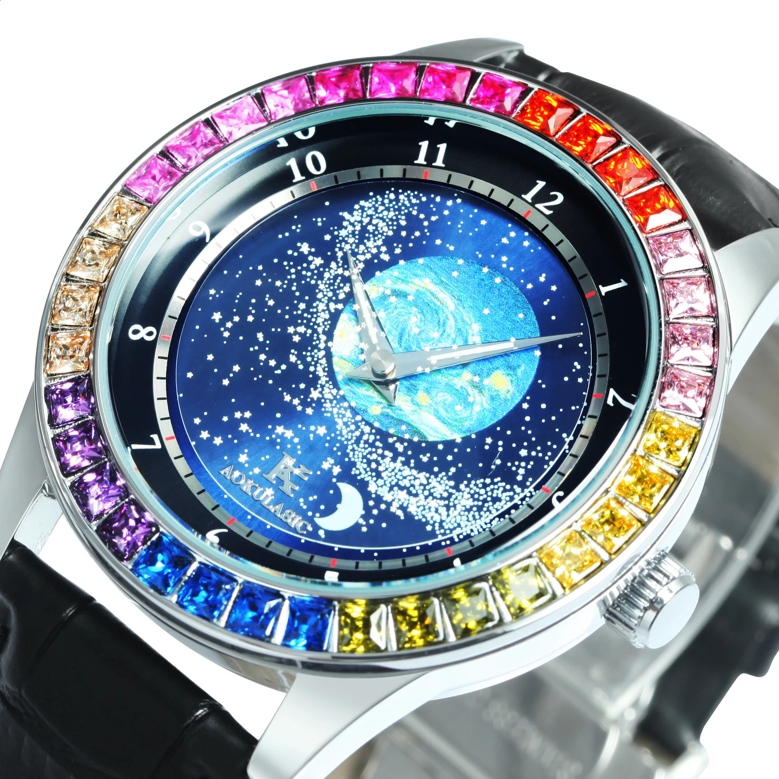 Mechanical Watch for Men Rotating Star Dial Fashion Rainbow Case Automatic Watches Genuine Leather Strap Wristwatch 240906