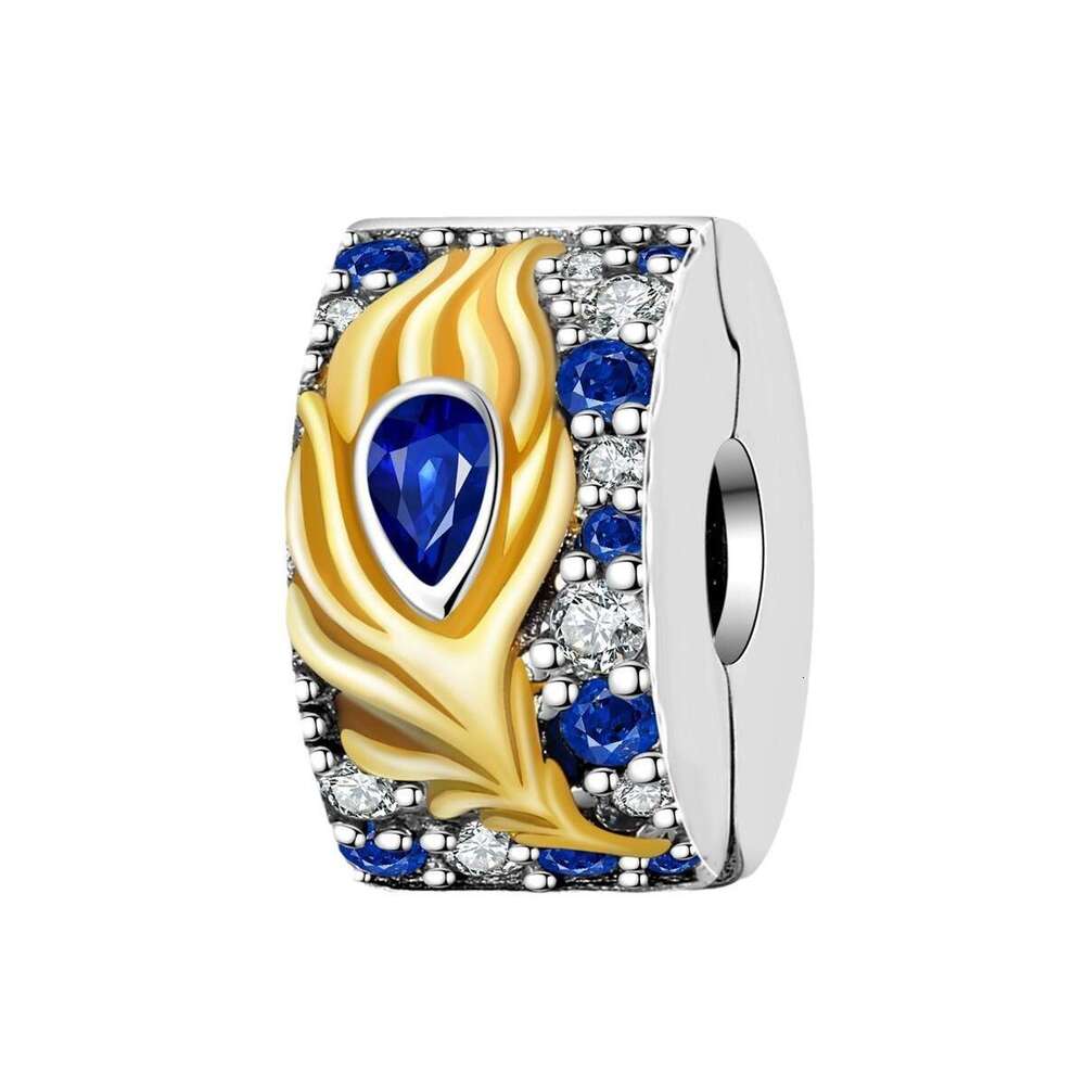 New 925 Sterling Silver Charm Colorful Stone Leaf Buckle Feather Pendant with blue enamel beads Fit Charms Silver 925 Original Bracelet DIY Jewelry Ma
