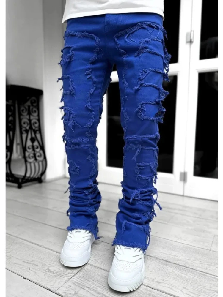 5 Colors Fringe Raw Edge Skinny Jeans Men Elastic Patch Stacked Denim Pants Fashion Punk Streetwear Personality Male Trousers 240912