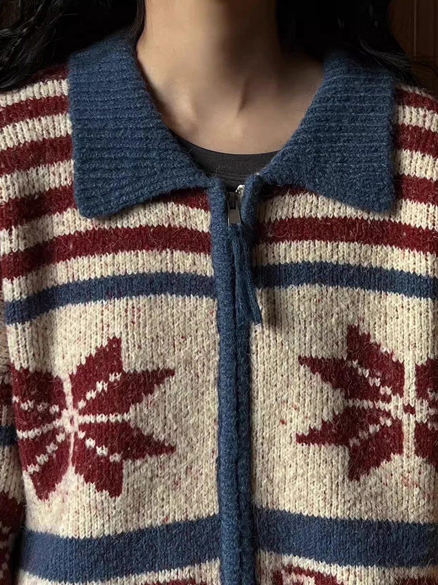 REDDACHiC Retro Fair Isle Cardigan Sweater Women Lapel Long Sleeves Zip Up Oversize Chunky Knit Jacket Coat Warm Winter Clothes 240914