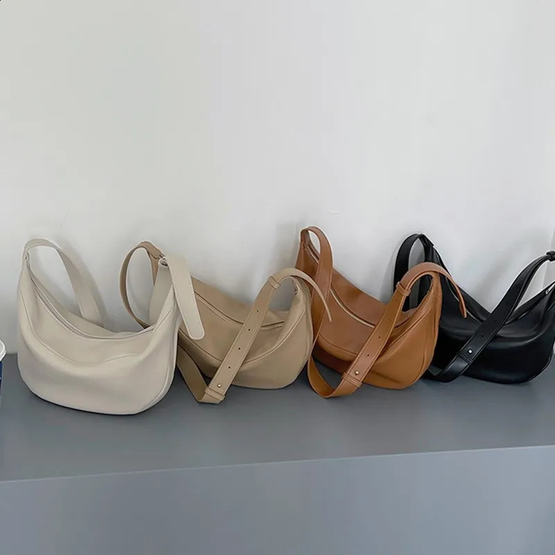 Zipper Womens Casual Shoulder Bag Soft Leather Half-moon Crossbody Bags Fashion Shopper Simple Solid Handbags For Women Black 240913