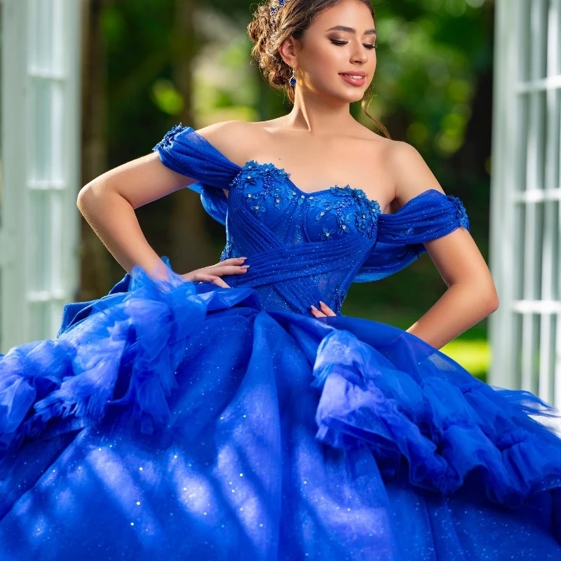 Royal Blue Shiny Quinceanera Dresses Off The Shoulder Lace Beads Tull Tiered Mexican Vestidos De 15 Anos Princess Sweet 16 Birthday Party Dress