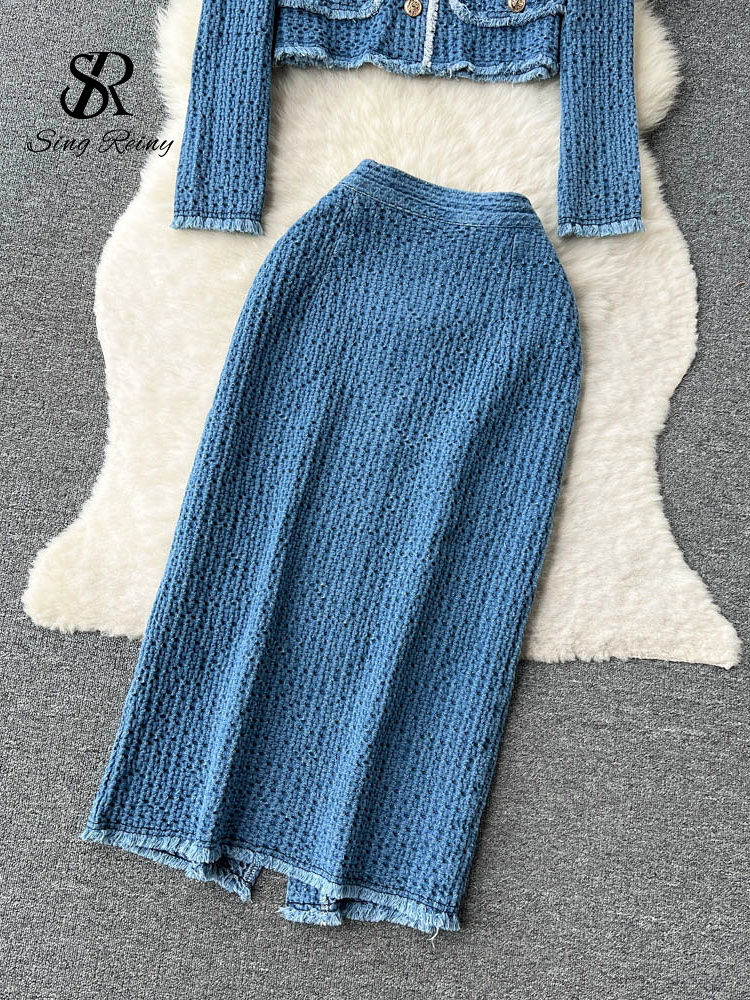 SINGREINY Women Office Lady Denim Suits 2023 Sleeves Autumn Blouse+Split Long Skirt Vintage Fashion Jeans Two Pieces Sets