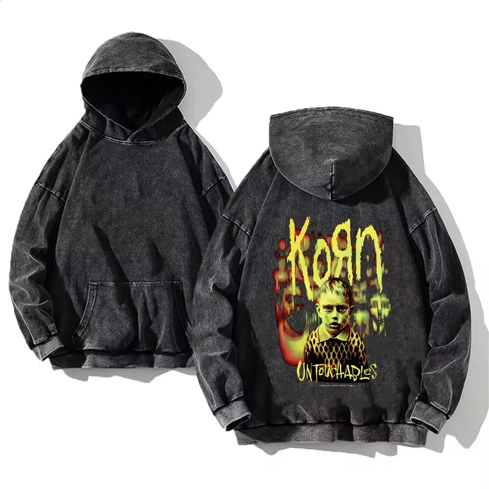 Korn Rock Band World Tour Hoodies Vintage Washed Mens Sweatshirts Cotton Hip Hop Streetwear Hooded Pullover Loose Y2K Tops 240910