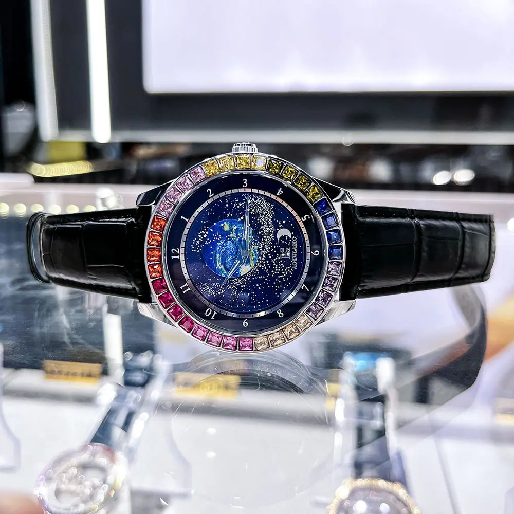 Mechanical Watch for Men Rotating Star Dial Fashion Rainbow Case Automatic Watches Genuine Leather Strap Wristwatch 240906