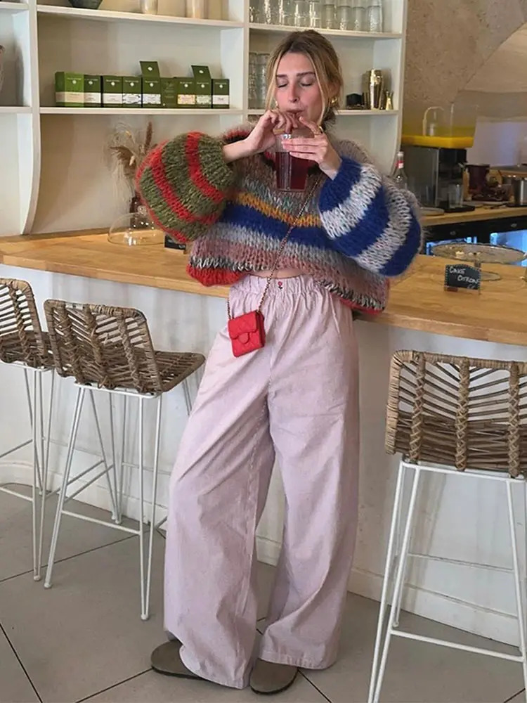 Elegant O-neck long puff sleeve knitted floral womens fashionable colorful striped oversized sweater 2024 fashionable womens coat 240914
