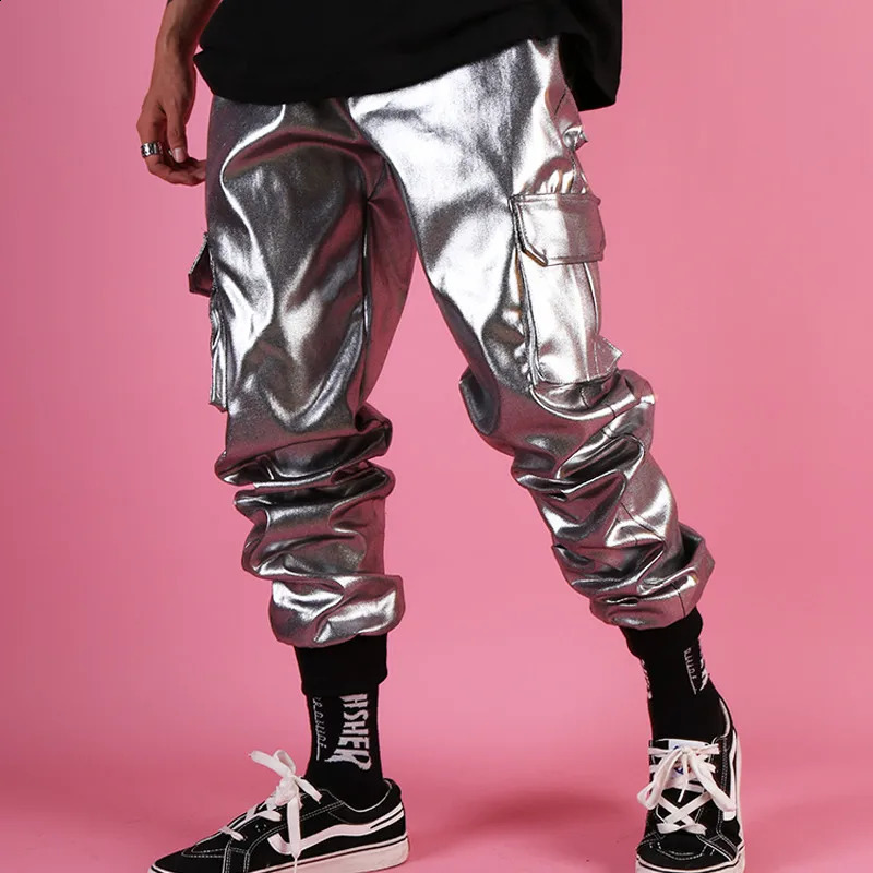 Mens streetwear hip-hop punk silver leather pants mens shiny metal pants personalized harem pants multi pocket cargo pants 240913