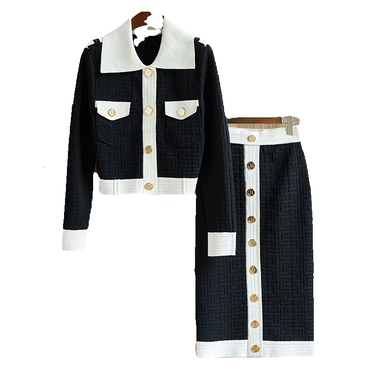Recommended Elegant Design New Fall Spring Black Geometrical Knitting Skirts Sets Women 2 Pieces Outfits 2022 Sweater Suits