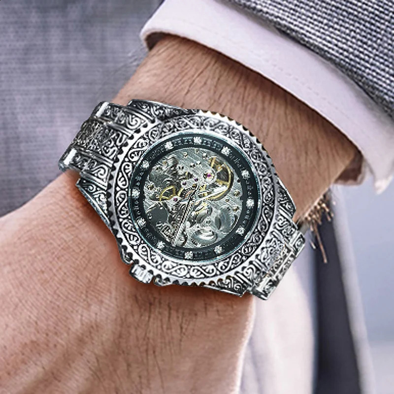 T-Winner Watch Men Fashion Vintage Carved Watches Gold Skeleton Automatic Mechanical Wristwatches Men Reloj Hombre 240906