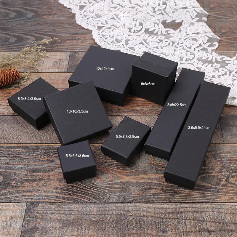 12Pcs Black Cardboard Kraft Paper Jewelry Packaging Boxes For Ring Watch Necklace Earrings Jewelry Set Package Case Storage 240910