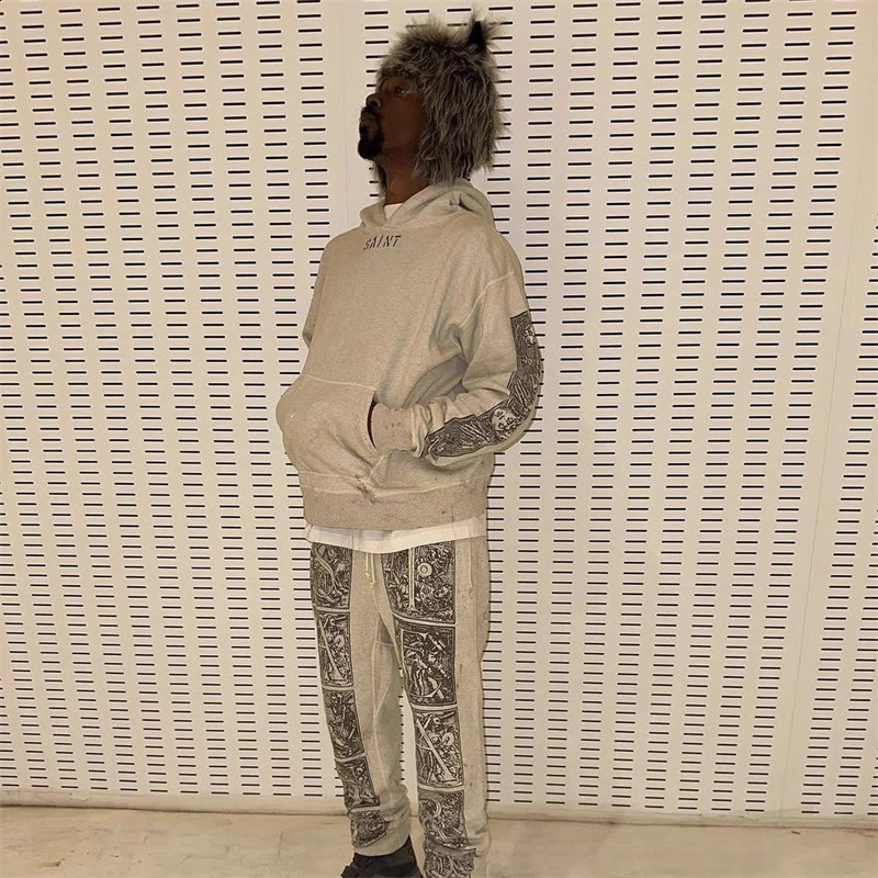 Vintage Washed Printed Pure Cotton Fleece Hoodie High Street Casual Loose Rock Hiphop Oversized Highquality Retro 240910