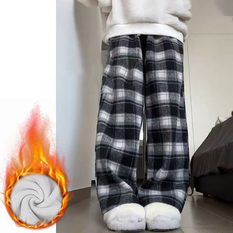 Black-and-white contrast plaid pants women's autumn and winter 2023 new plush padded lazy high waist drooping woolen mop pants