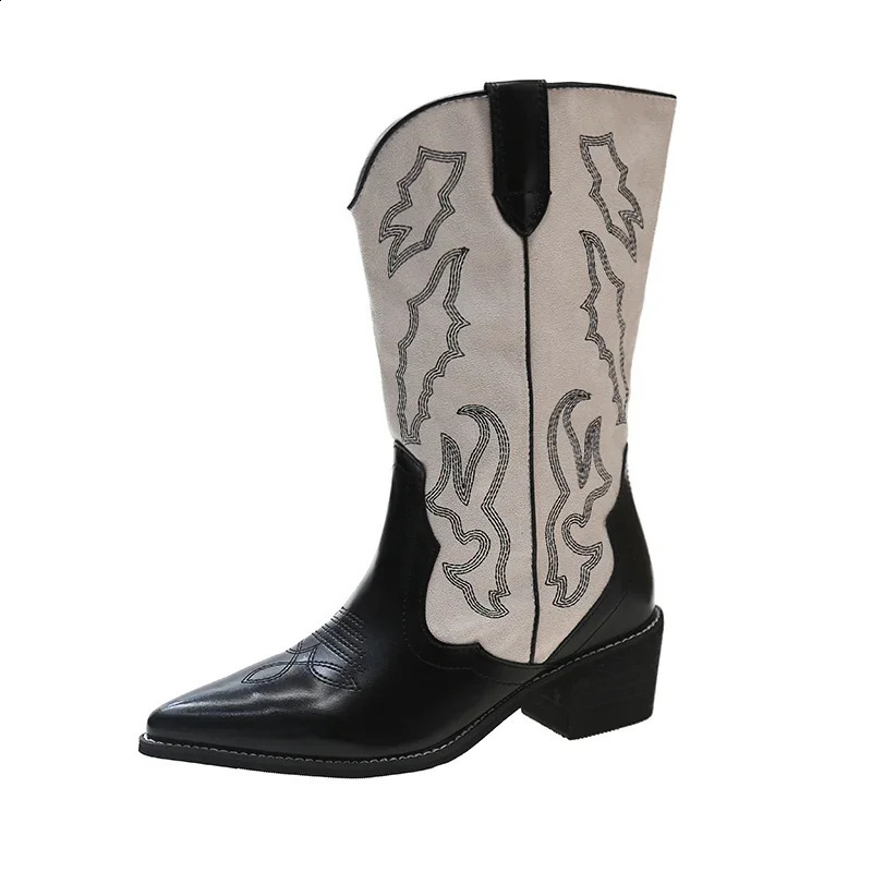 Embroidered womens western cowboy boots fashionable skate boots thick boots knight boots retro style autumn and winter womens shoes 240914