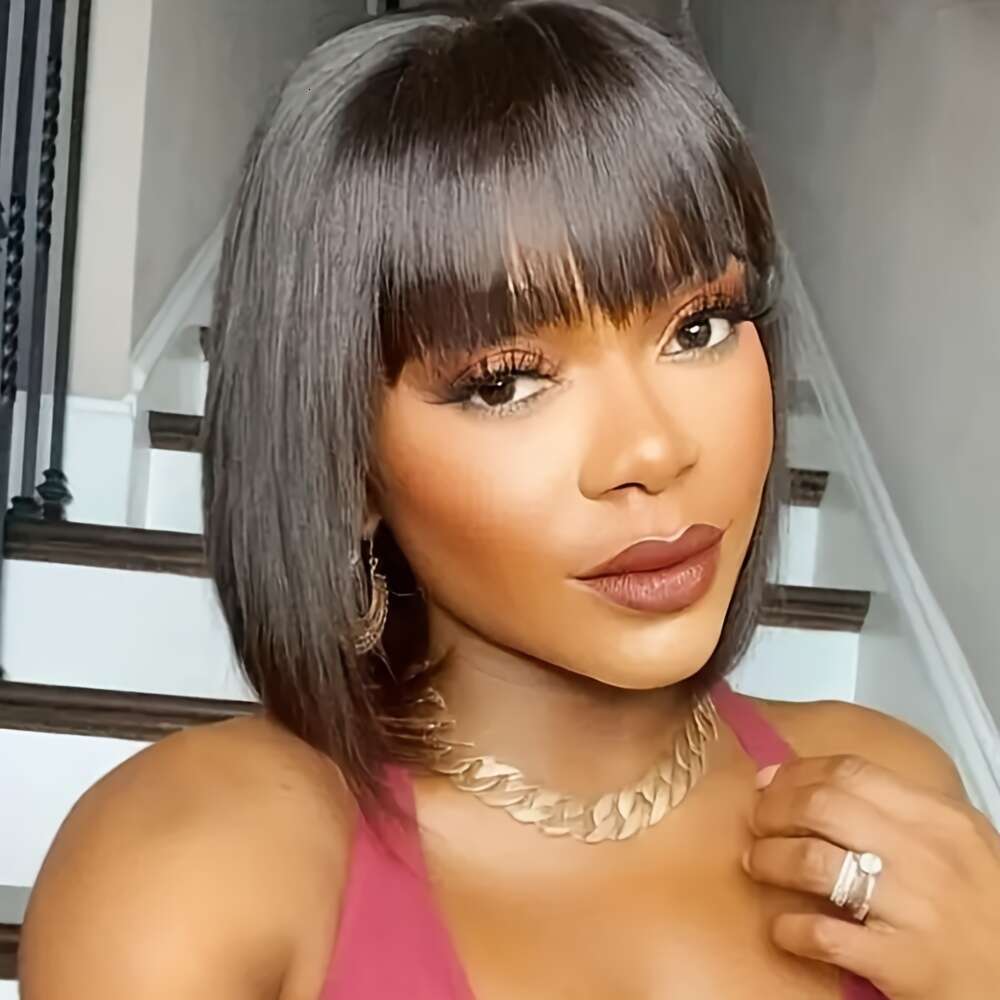 Brazilian Short Straight Wigs Human Hair With Bangs Remy Full Hine Made For Women Non Lace Glueless Bob Wig