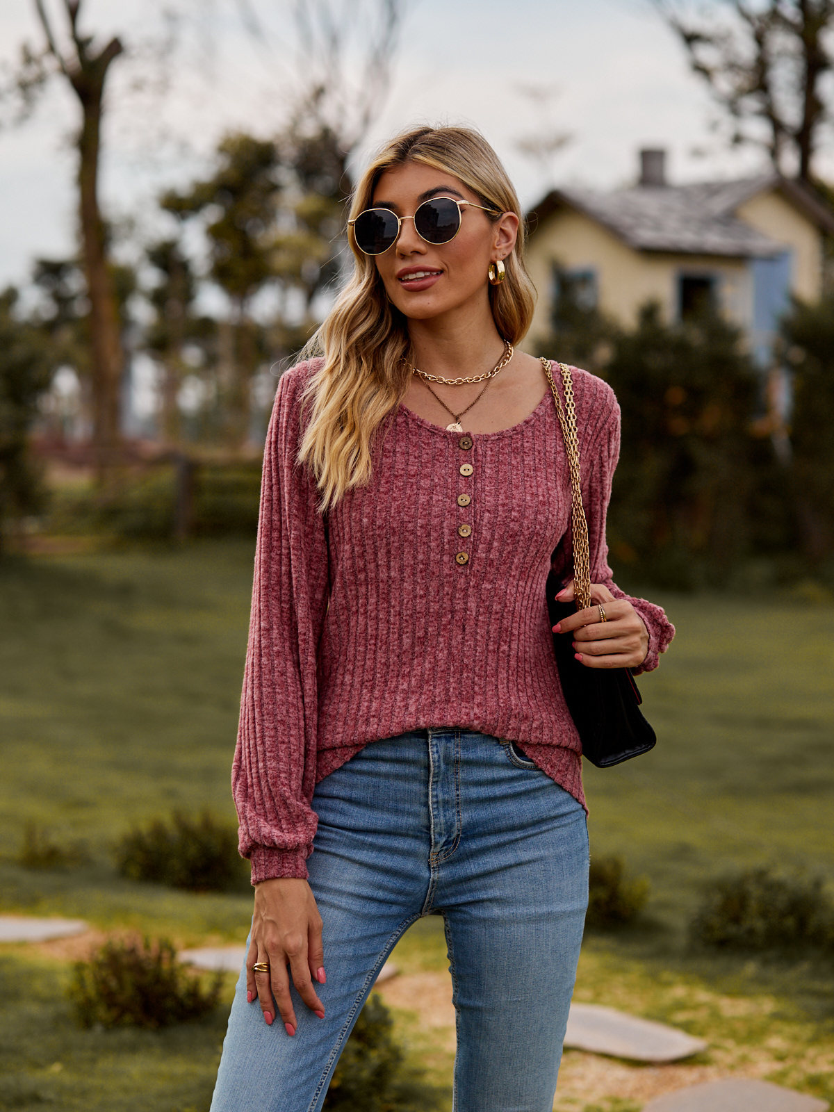 2024 new women's round neck pit stripe brushed solid color casual button splicing long sleeved T-shirt top sweater