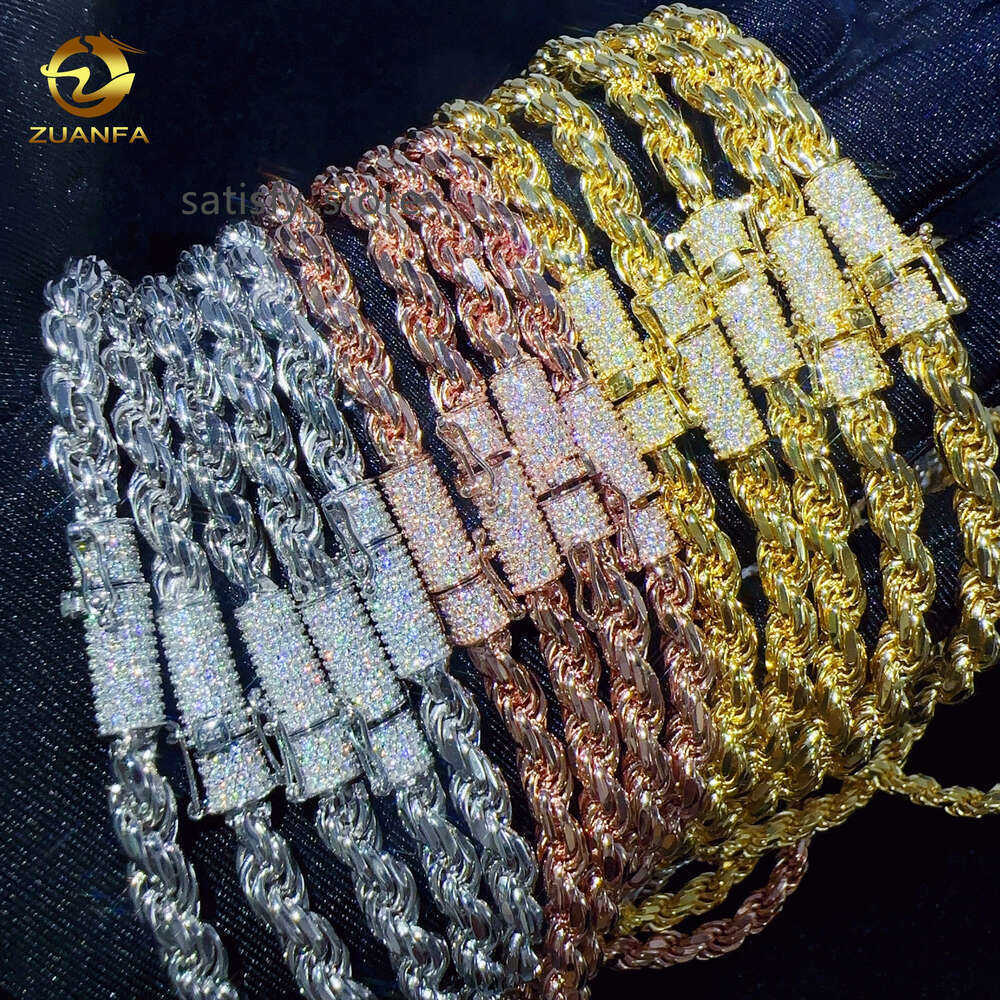 Hip Hop 6mm 925 Sterling Silver Necklace with Moissanite Clasp Iced Out Rope Chains for Men Women