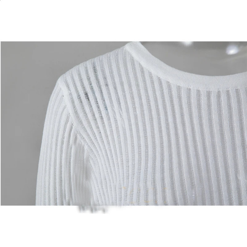 Fashion White Elegant Stripe See Through Womens Top Long Sleeve Tshirt Tight Club Party Clothing 240913