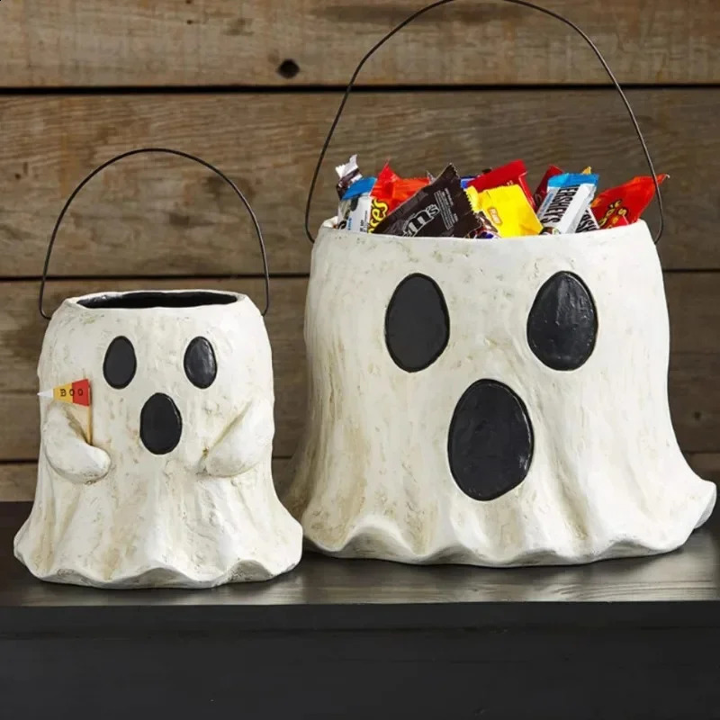 Ghost Candy Bucket Halloween Mud Pie Paper Mache Treat Bucket Halloween Geometric Resin Doorway Courtyard Decoration Gift 240910