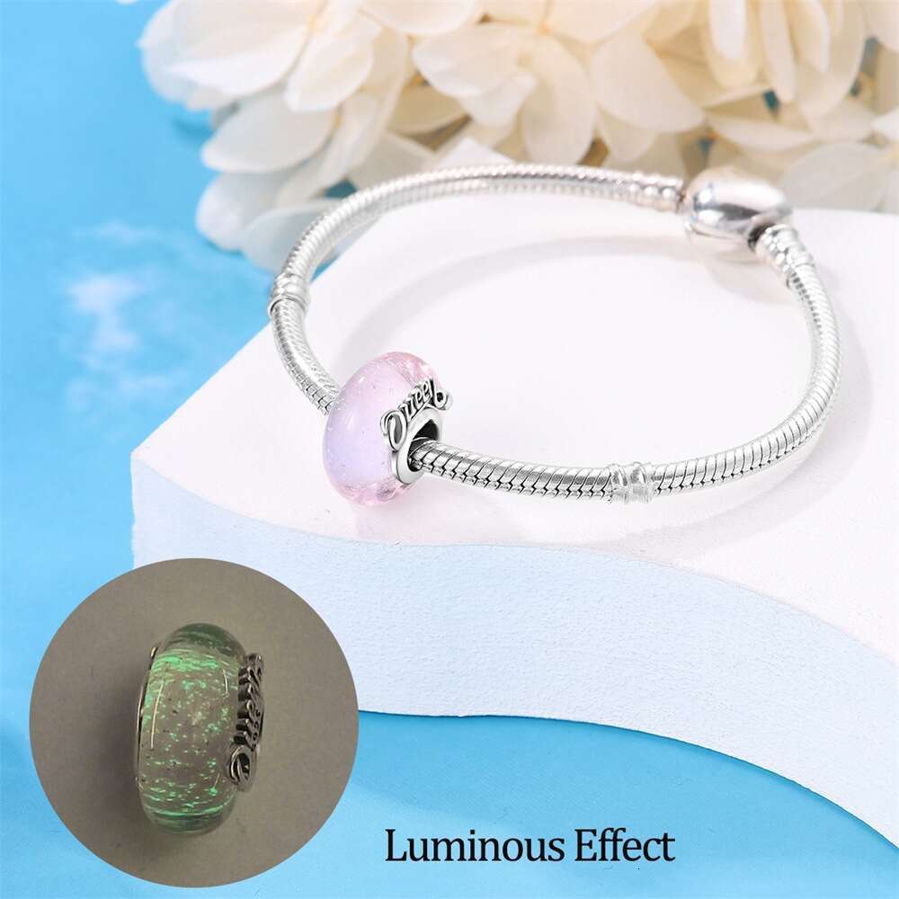 Spring New 925 Sterling Silver Charm pink blue Luminous glass beads Fit Charms Silver 925 Original Bracelet DIY Jewelry Making For women Gifts