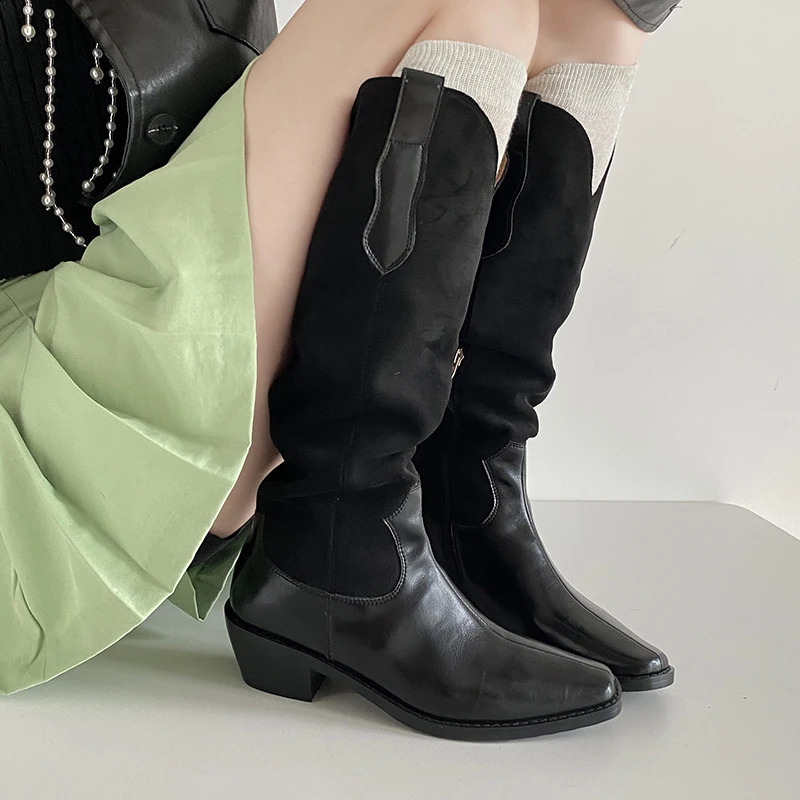 Fashionable short and chubby heel square sole western cowboy boots womens mixed color leather knight boots strapless high heels casual 240914