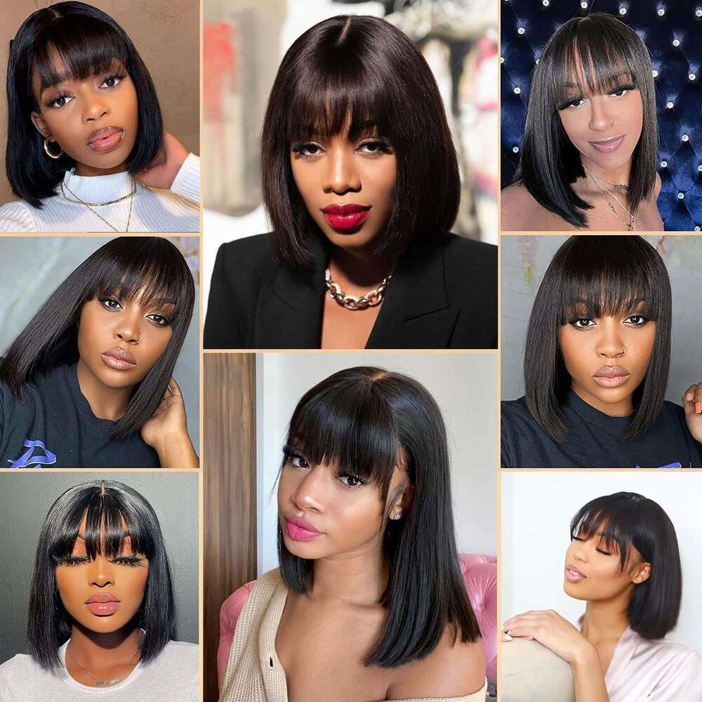 Brazilian Short Straight Wigs Human Hair With Bangs Remy Full Hine Made For Women Non Lace Glueless Bob Wig