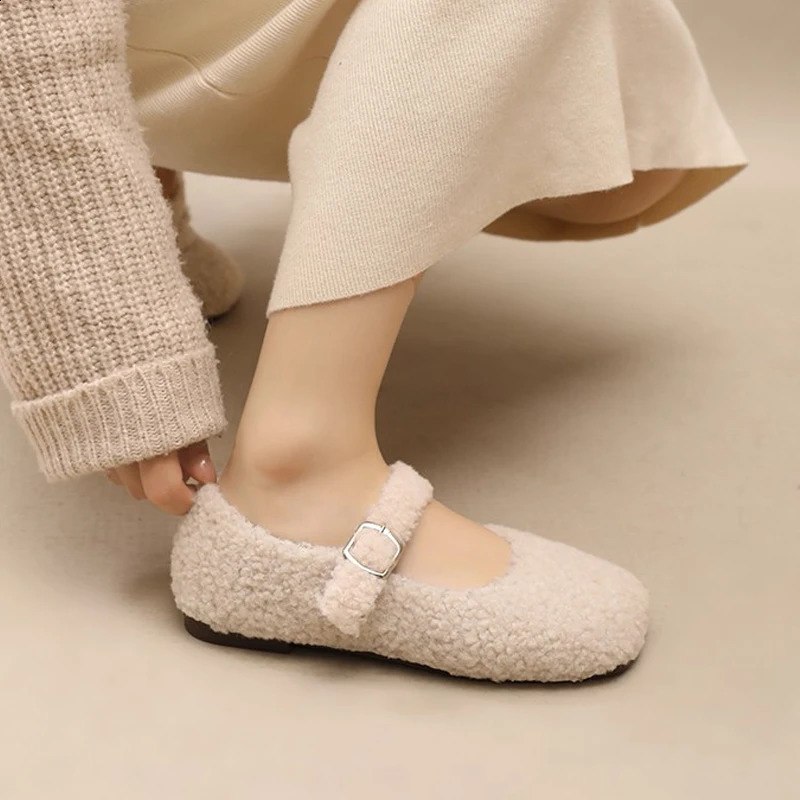 Elegant square toe Lambswool Mary Jane shoes for women fashionable Teddy fur ballet apartment for women warm winter plush coat in pink and green 24091