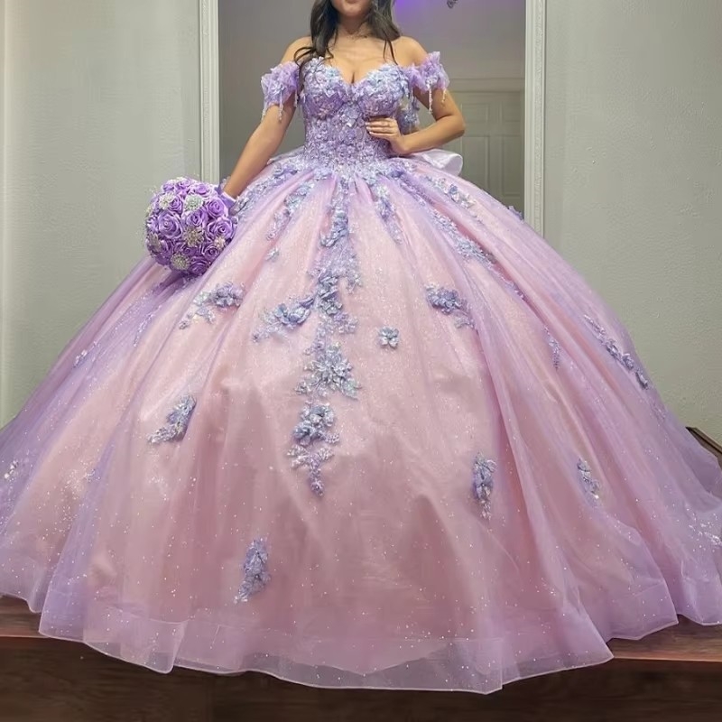 Lilac Mexican Quinceanera Dressess Off The Shoulder Luxury Applique Lace Beads Crystal Tull vestido 15 De Anos Corset Lace Up Sweet 16 Dress