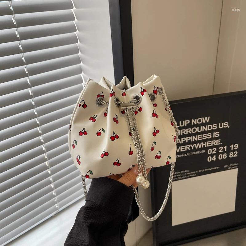 Drawstring Bucket Bags For Women Trend 2024 PU Leather Cherry Print Pearl Crossbady Purse And Handbags Chains Shoulder Strap Versatile Bag