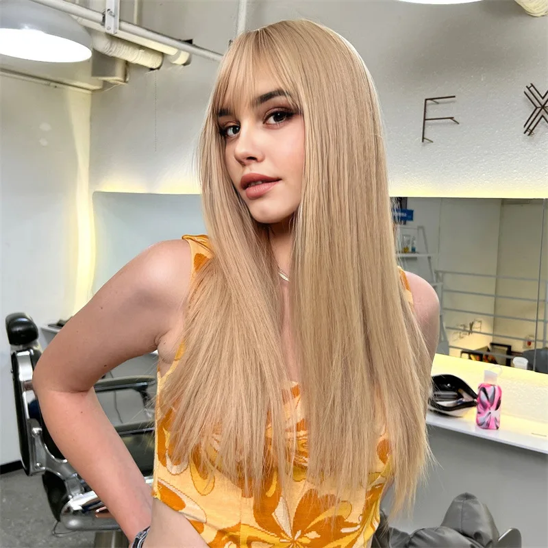 Best-selling fashion female wig wine-red air bangs long straight hair synthetic fiber high temperature silk wig set