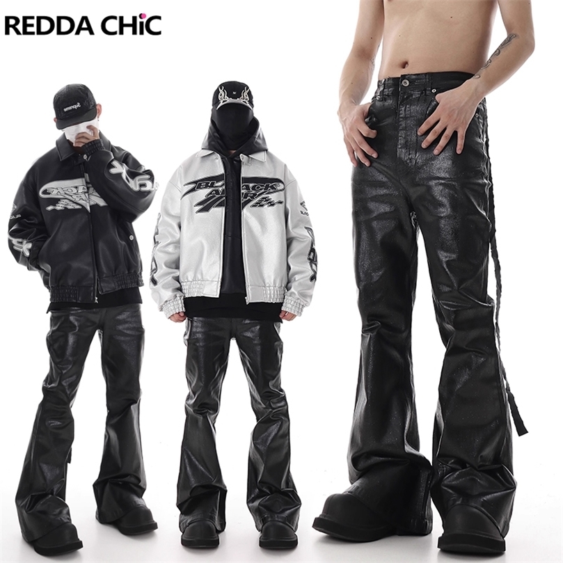 REDDACHIC Black Wax Coated Flare Jeans Men Stretchy Fitted Matte Textured Bootcut Pants Flowy Belt Vintage Y2k Hip Hop Trousers 240913