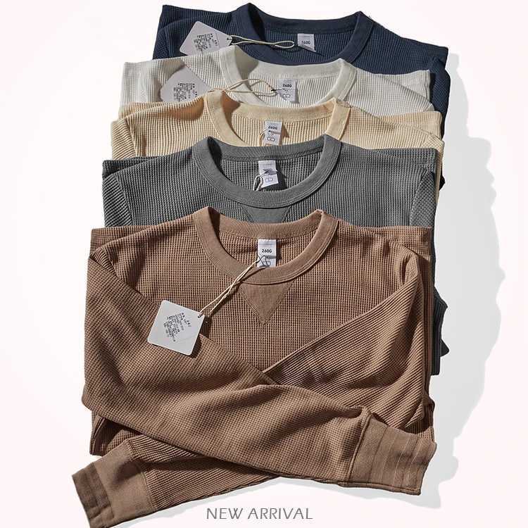Autumn and Winter New American Retro Long Sleeve O-neck 260g Waffle Knitted T-shirt Mens Fashion Simple Casual Bottoming Tops Z240918