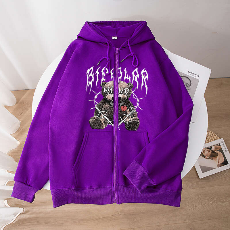 2024 New Y2K Bear Doll Printed Zipper Hoodie Street Trendy Brand Fleece Loose Zip Up Hoodie Hat