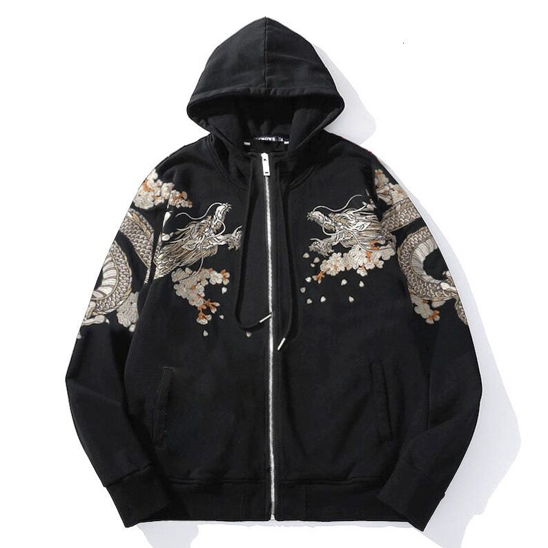Embroidered Hoodie Crescent Moon Japanese Zip Sakura Cotton Pullover Men's Hip Hop Hoodies Chinese Dragon Sweatshirt