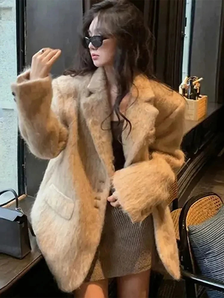 Lapel Mohair Woolen Plush Women Suit Coats Casual Loose Long Sleeve Button Office Blazer Female Winter Elegant Pocket Coats 240909