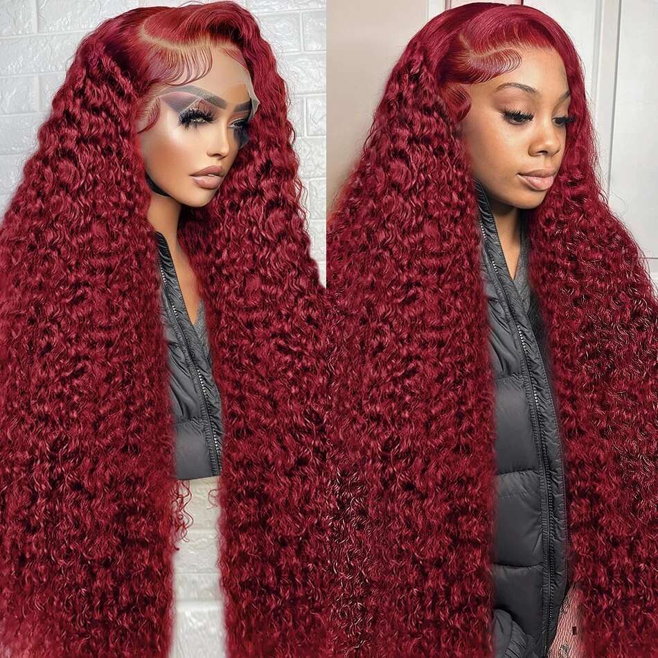 13X6 99J Front Human Hair Wigs Colored Deep Wave Bury 13X4 Transparent Lace Frontal Glueless Red Wig For Women