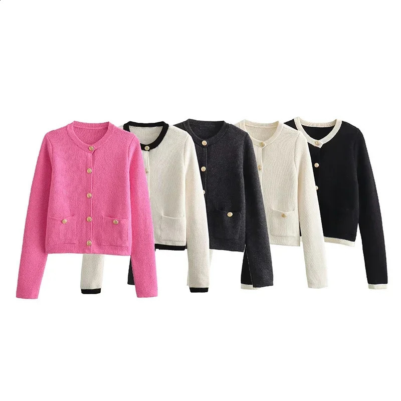 Laxsesu Knitted Womens Open Knitted Sweater Fashion Pocket Long Sleeve Sweater Autumn Single Chest Elastic Womens Top Coat 240914