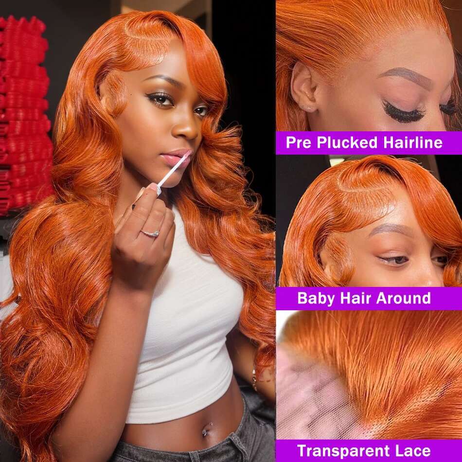 30 32 Inch Body Wave 350 Orange 13X4 HD Transparent Front Human Hair 250 Density 13X6 Lace Frontal Wig Brazilian For Women