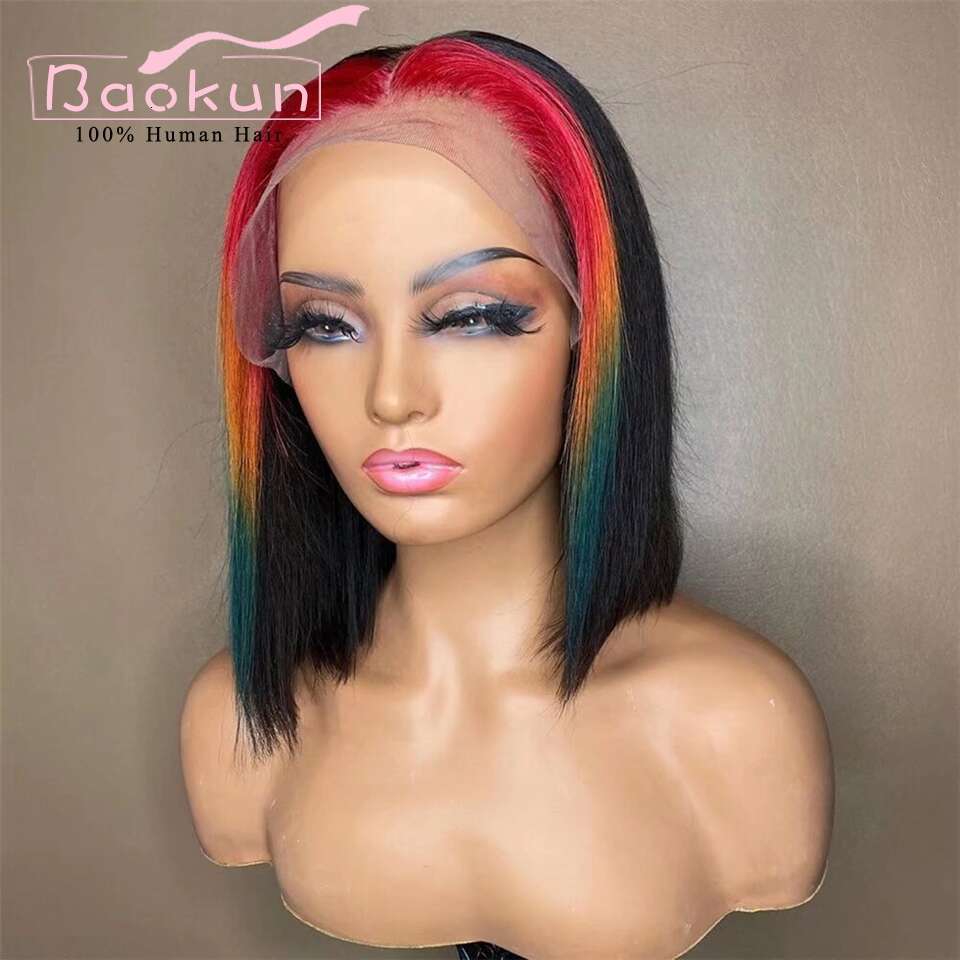 Short Highlight Frontal Wig 13X6 360 Straight Lace Front Red Yellow Blue Glueless Bob Human Hair Wigs
