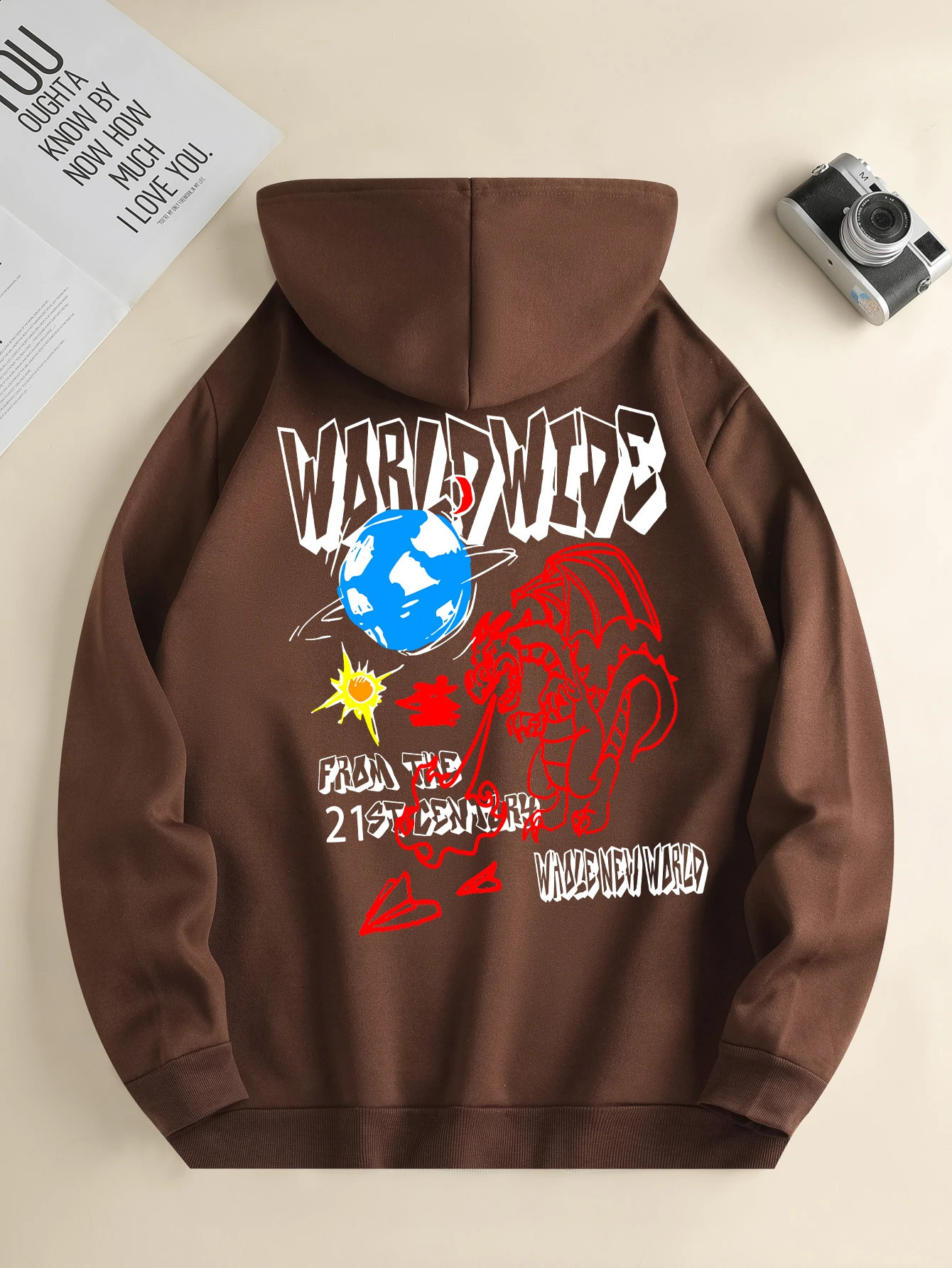 Mens fashion hoodie casual daily drawstring hooded sweatshirt dinosaur print front kangaroo pocket mens jacket 240910