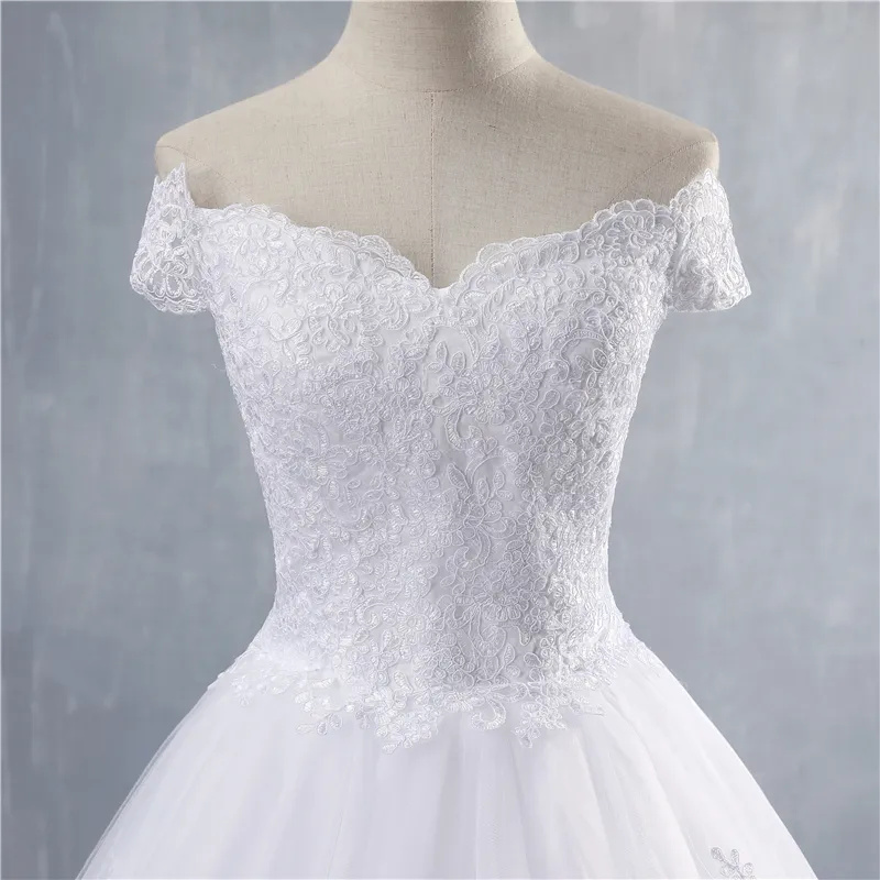 Ball Gown Off The Shoulder Wedding Dresses Short Sleeves Bridal Dress White Ivory Lace Appliques