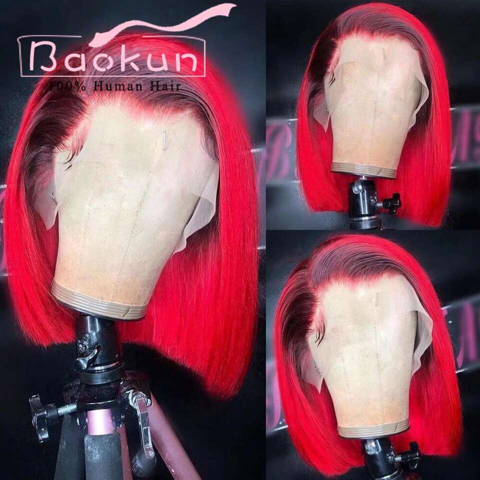 13X4 Pink Red Short Bob Front Transparent 13X6 HD Lace Frontal Wig Ombre 613 Human Hair Wigs For Women