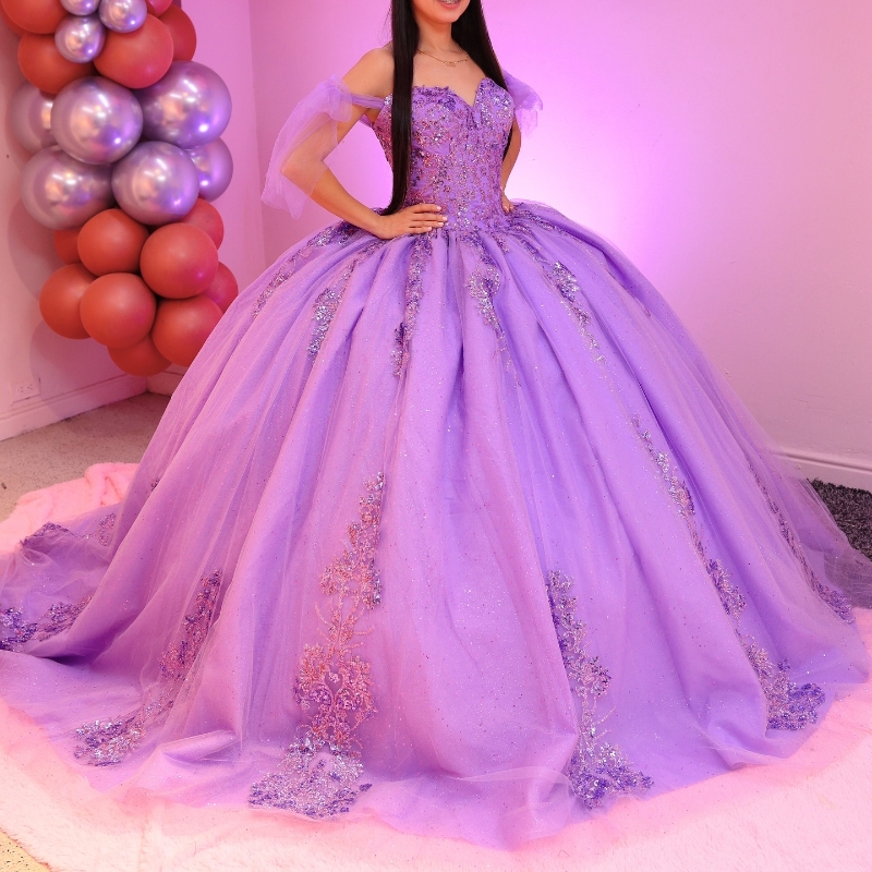 Lilac Quinceanera Dresses Off The Shoulder Princess Beads Tull Party Birthday Sweet 16 Dress Vestidos 15 De Anos