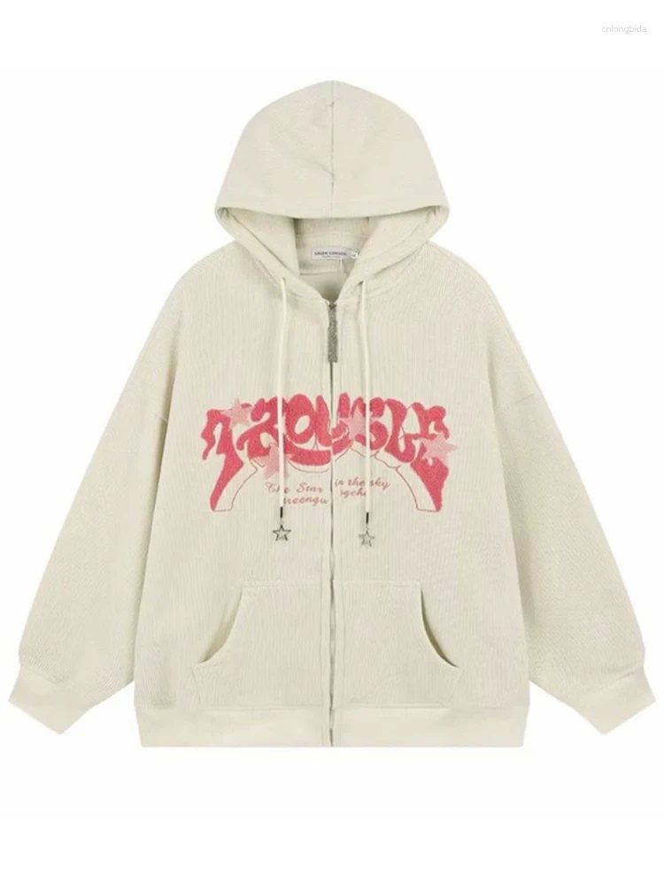 Men's Hoodies American Vintage Goth Corduroy Zip Up For Men Hip Hop Fashion Foam Print Jacket Women's Streetwear Sweatshirts