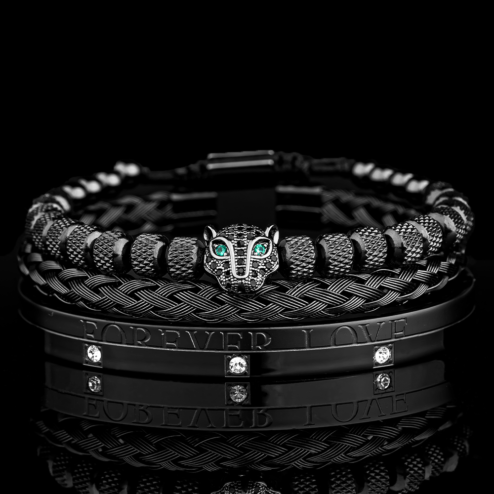 3pcs/set Men Bracelets Classical Handmade Braiding Bracelet Hip Hop Men Pave CZ Leopard Head Roman Numeral Bracelet Stainless Steel Jewelry