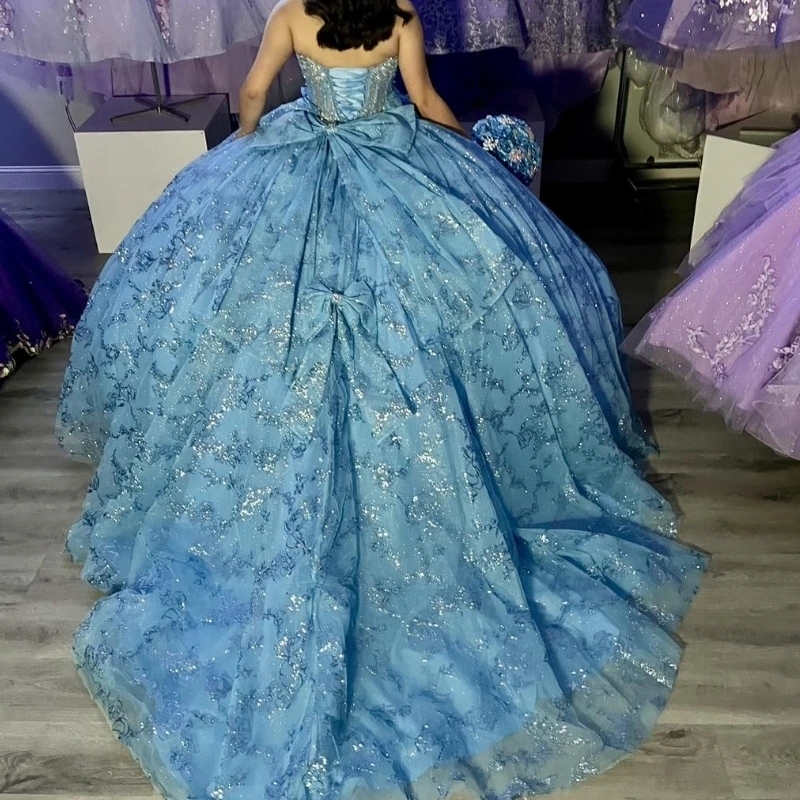 Sky Blue Shiny Off Shoulder Shiny Ball Gown Quinceanera Dresses Sequin Applique Beads Crystal Bow Sweet 16 Dress Vestidos 15 De Anos