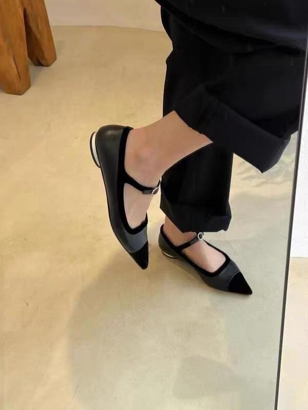 French style single shoe women's evening style pointed light mouth color blocked belt buckle thick heel flat bottom Mary Jane shoes