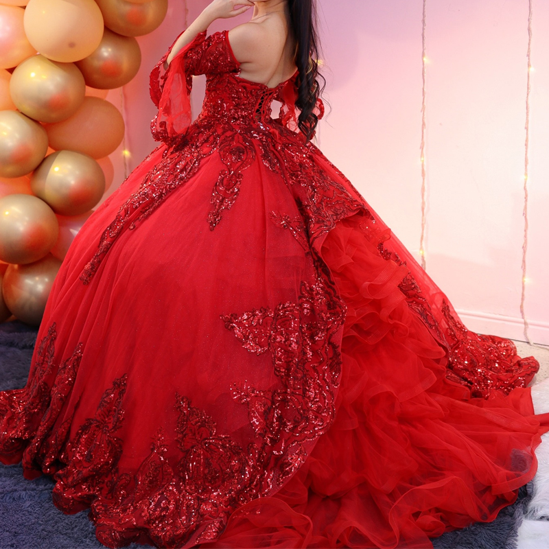 Red Ball Gown Quinceanera Dresses Long Train Ruffle Princess Applique Lace Tulle Vestidos De 15 Anos Birthday Party Sweet 16 Dress
