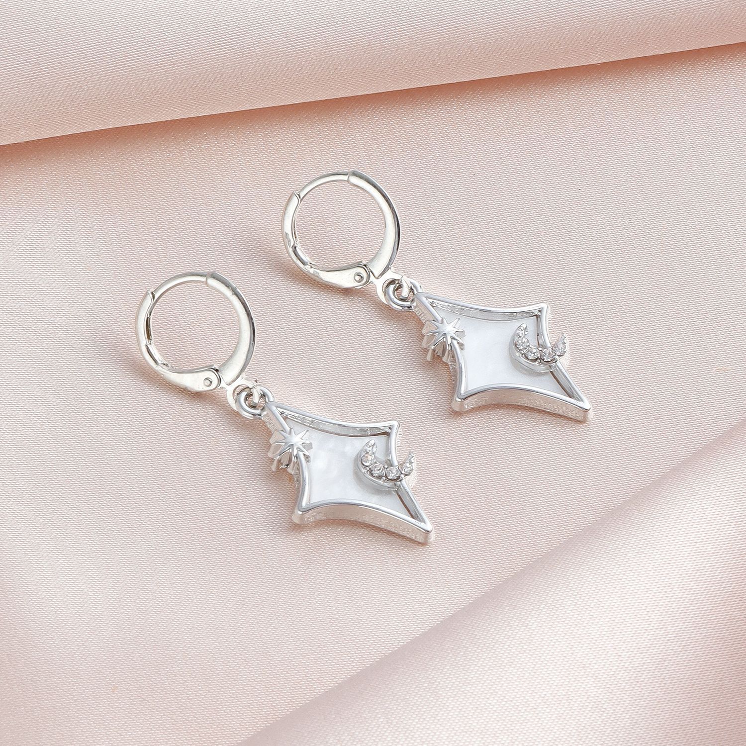 Star Moon Crystal Hoop Earrings Silver Plated Stainless Steel Dangle Earring Women Party Birthday Wedding Vintage Jewelry Gifts