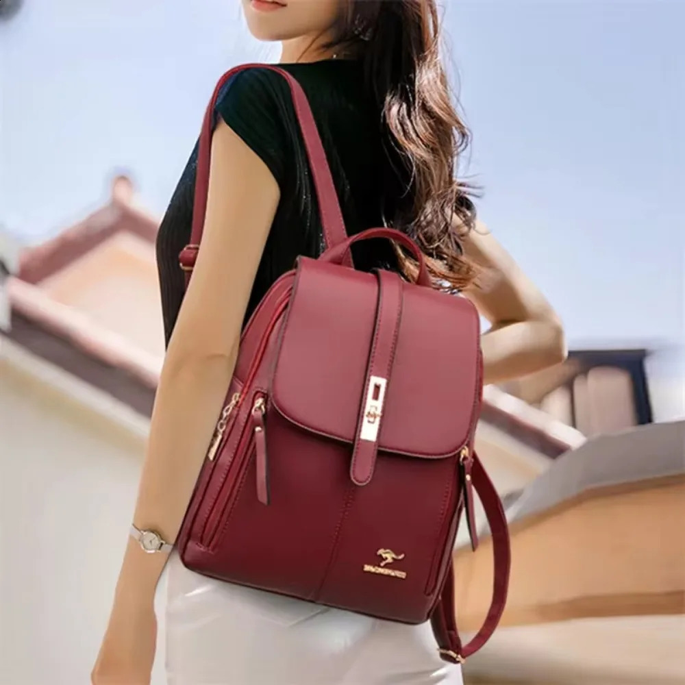 Solid retro backpack for girls school bag canvas highend casual y womens leather 240913