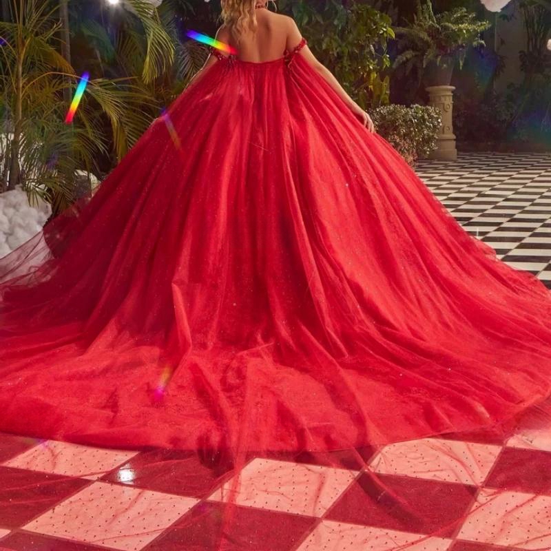 Luxury Red Shiny Quinceanera Dressess With Cape Applique Lace Beads Crystal Tull Ball Gowns Sweet 16 Dress Vestidos De 15 Anos
